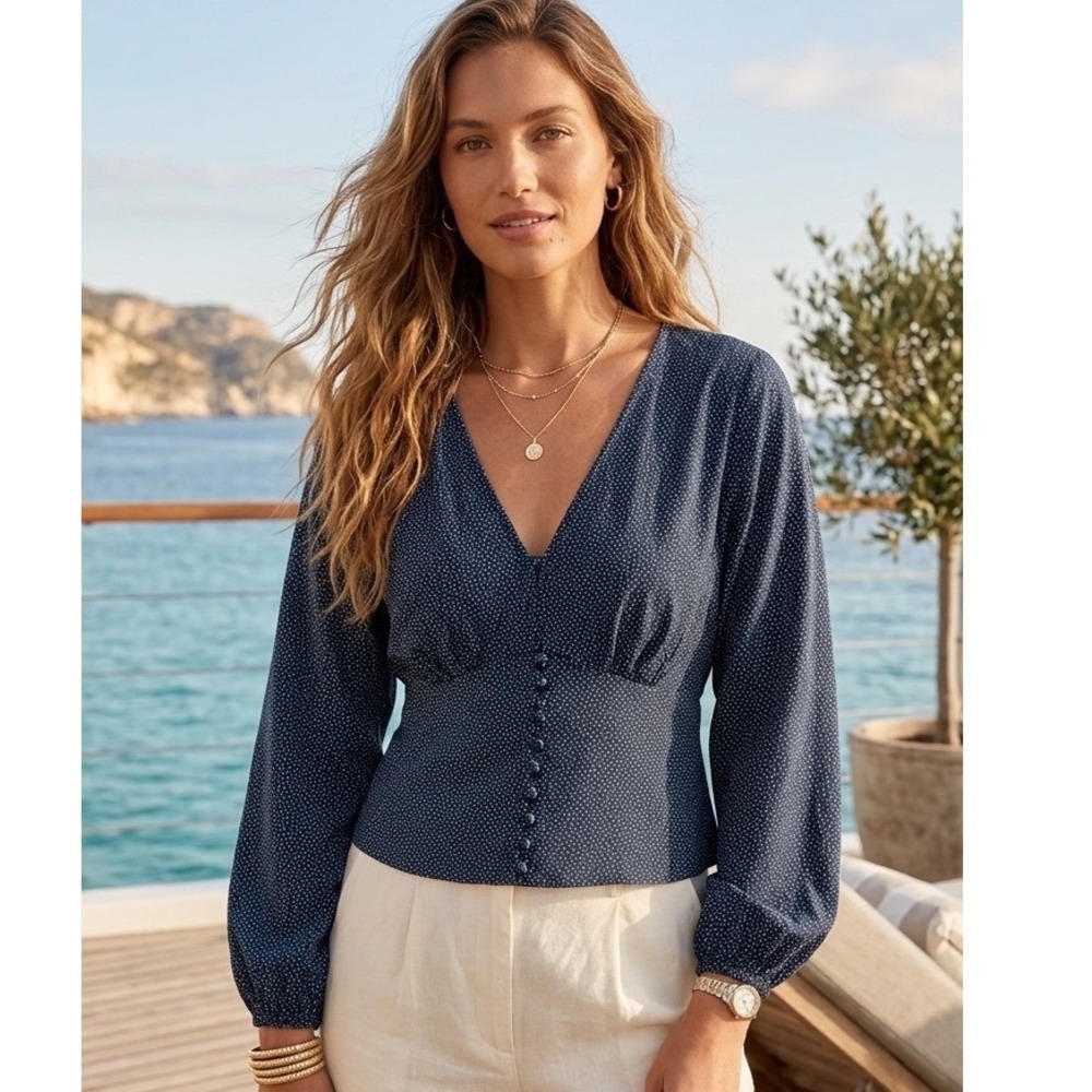 Abercrombie & Fitch Navy Polka Dot Balloon Sleeve Button Front Top S Euro Summer